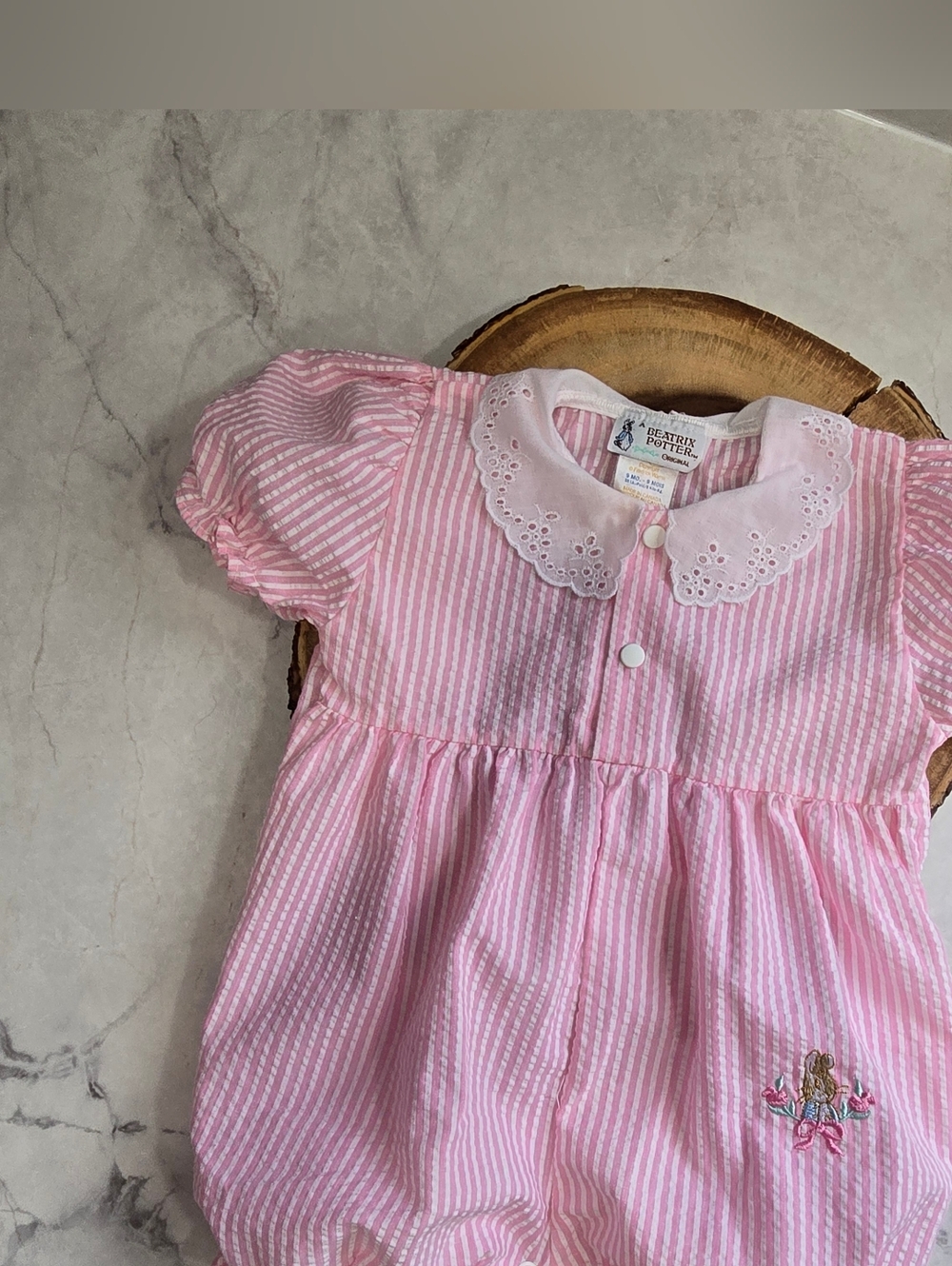 Vintage Beatrix Potter Pink & White Striped Baby Romper